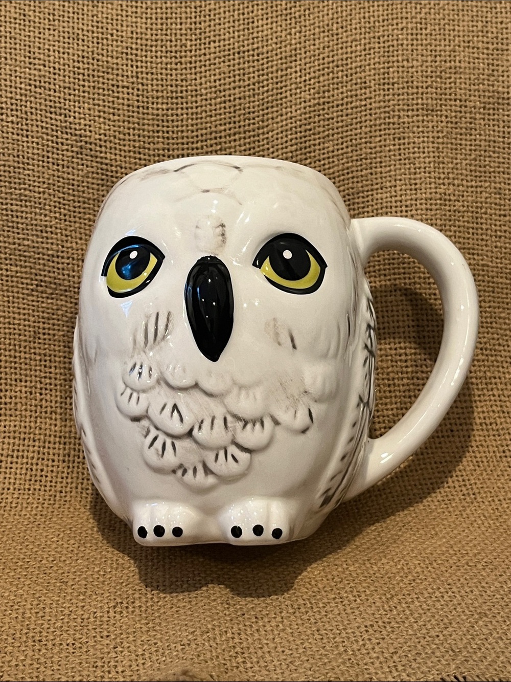 White Owl, Hedwig, Ceramic Coffee Mug with Yellow-Blue Eyes